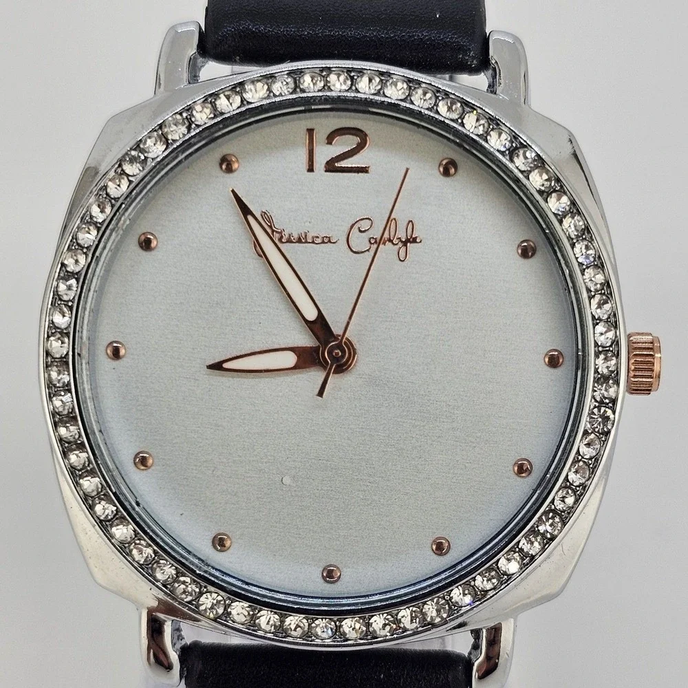 Jessica Carlyle 36MM Women Watch White Dial Crystal Bezel Black Bands NewBattery
